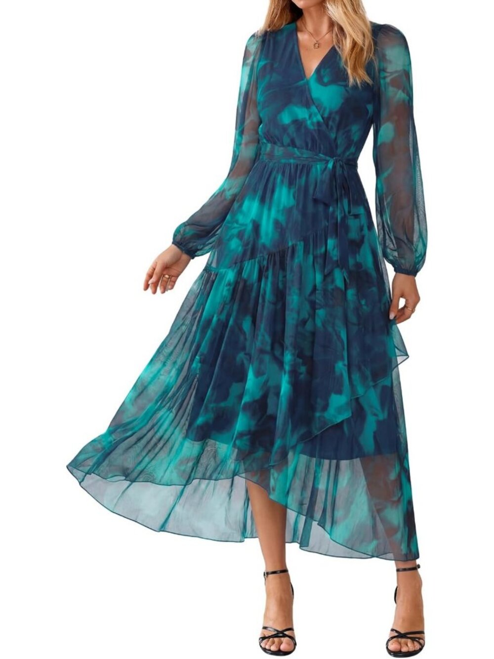 Floral Long Sleeve Mesh Maxi Dress for Weddings & Special Events - Elegant Style